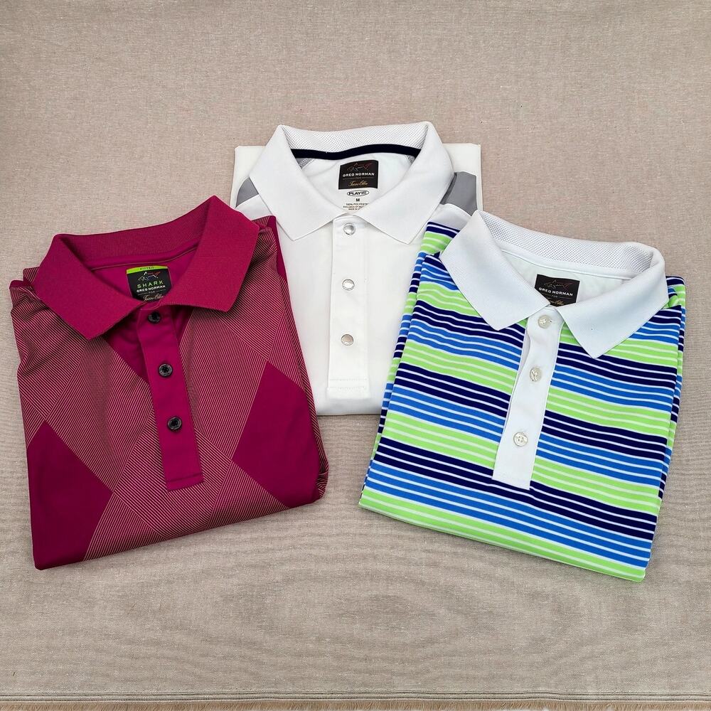 Lot of 3 Greg Norman for Tasso Elba Play Dry Golf Polos Mens Medium Short Sleeve